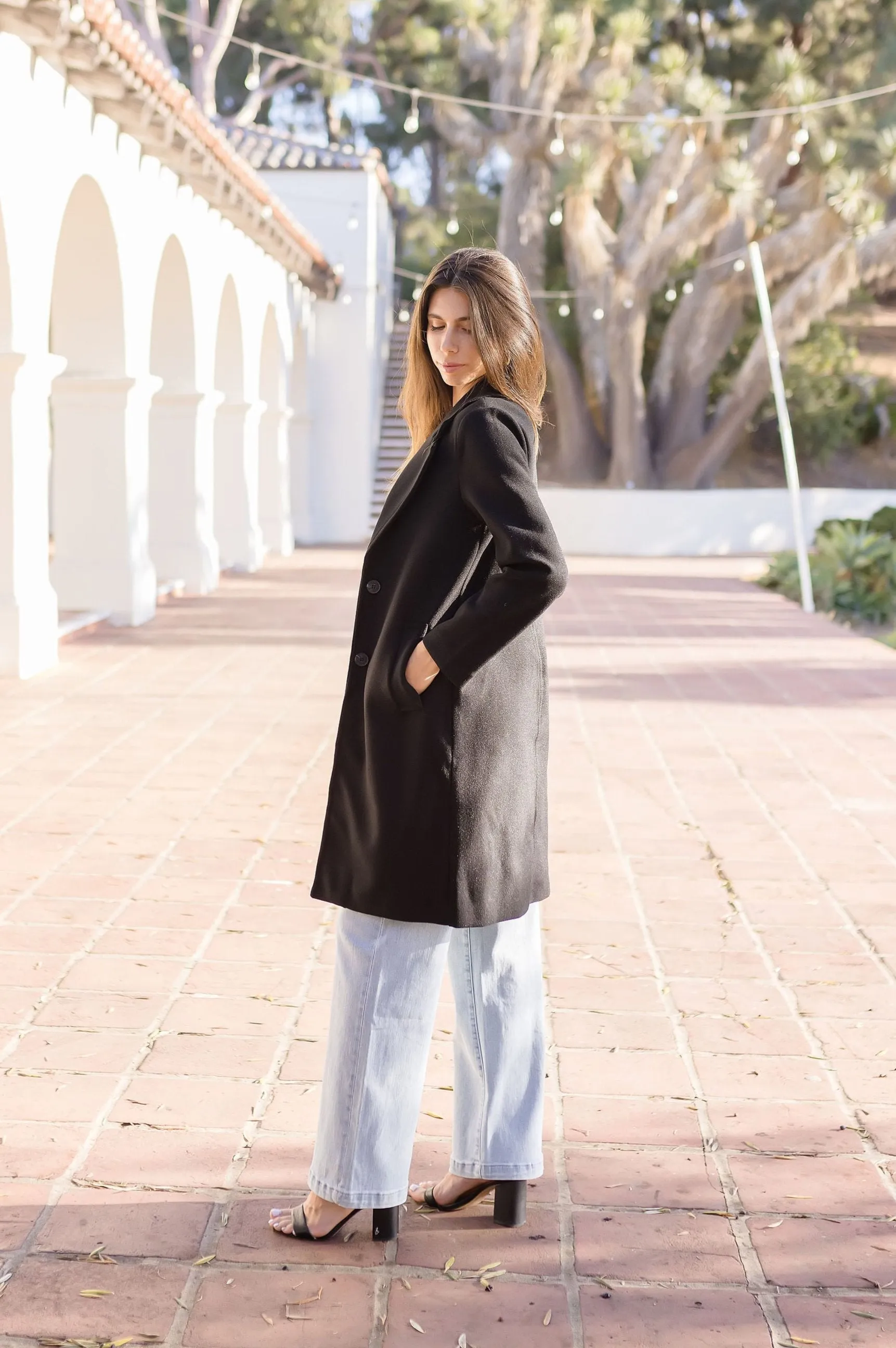 Aubrey Long Sleeve Notched Lapel Long Coat Black