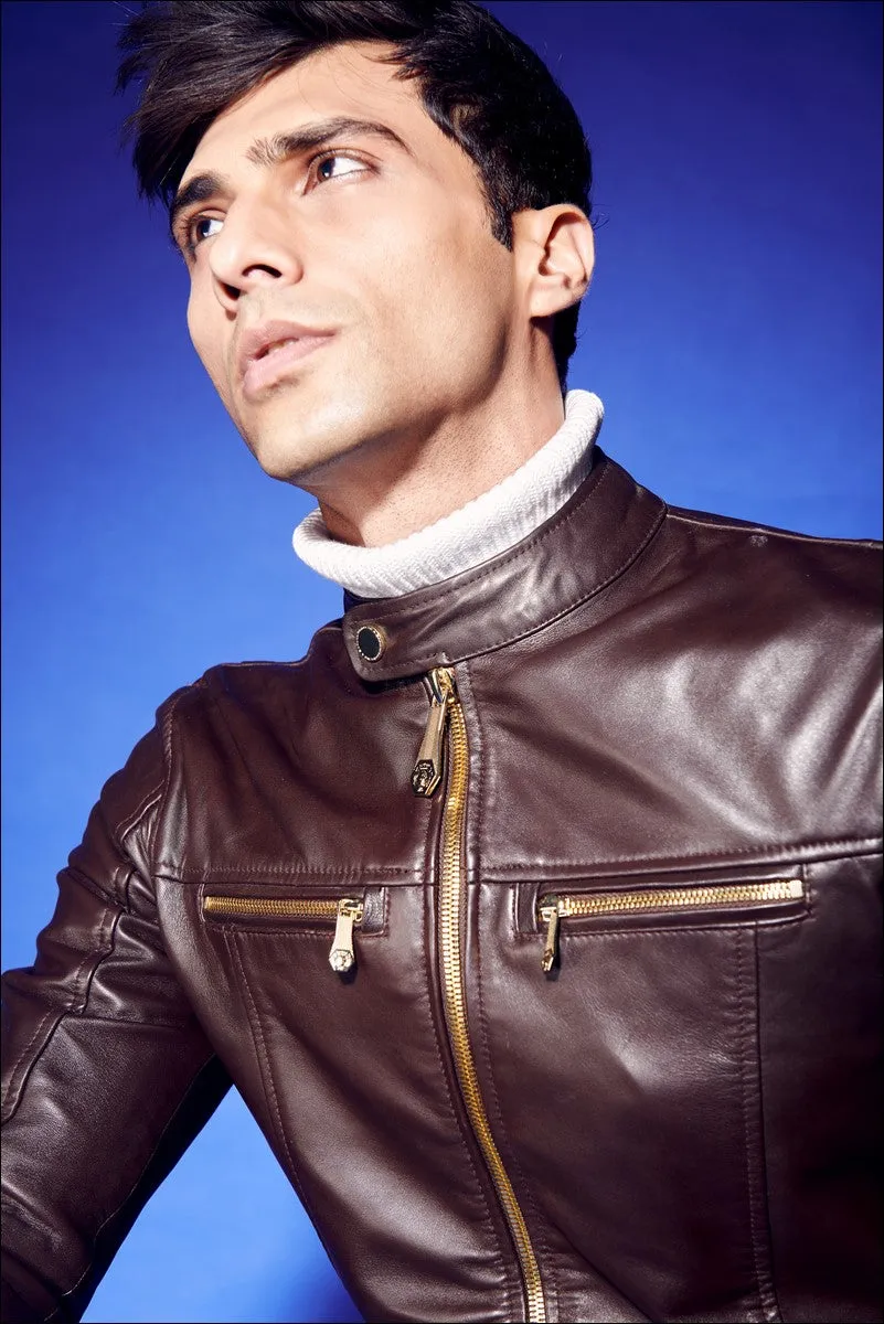 Band Collar Brown Leather Jacket  with Front Zipper Pockets By Brune & Bareskin