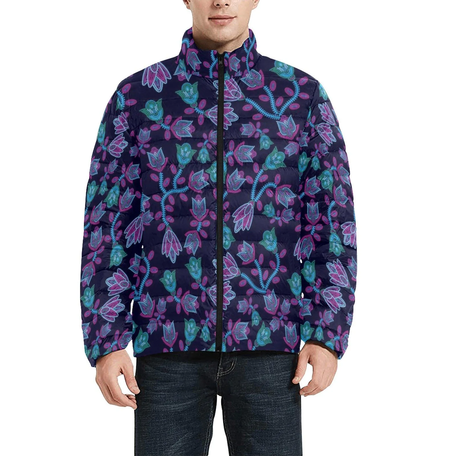 Beaded Blue Nouveau Men's Stand Collar Padded Jacket