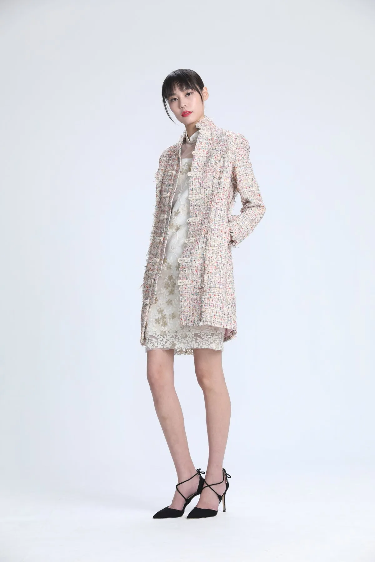 Beige with Rainbow Fringe Fancy Tweed Long Sleeve Coat