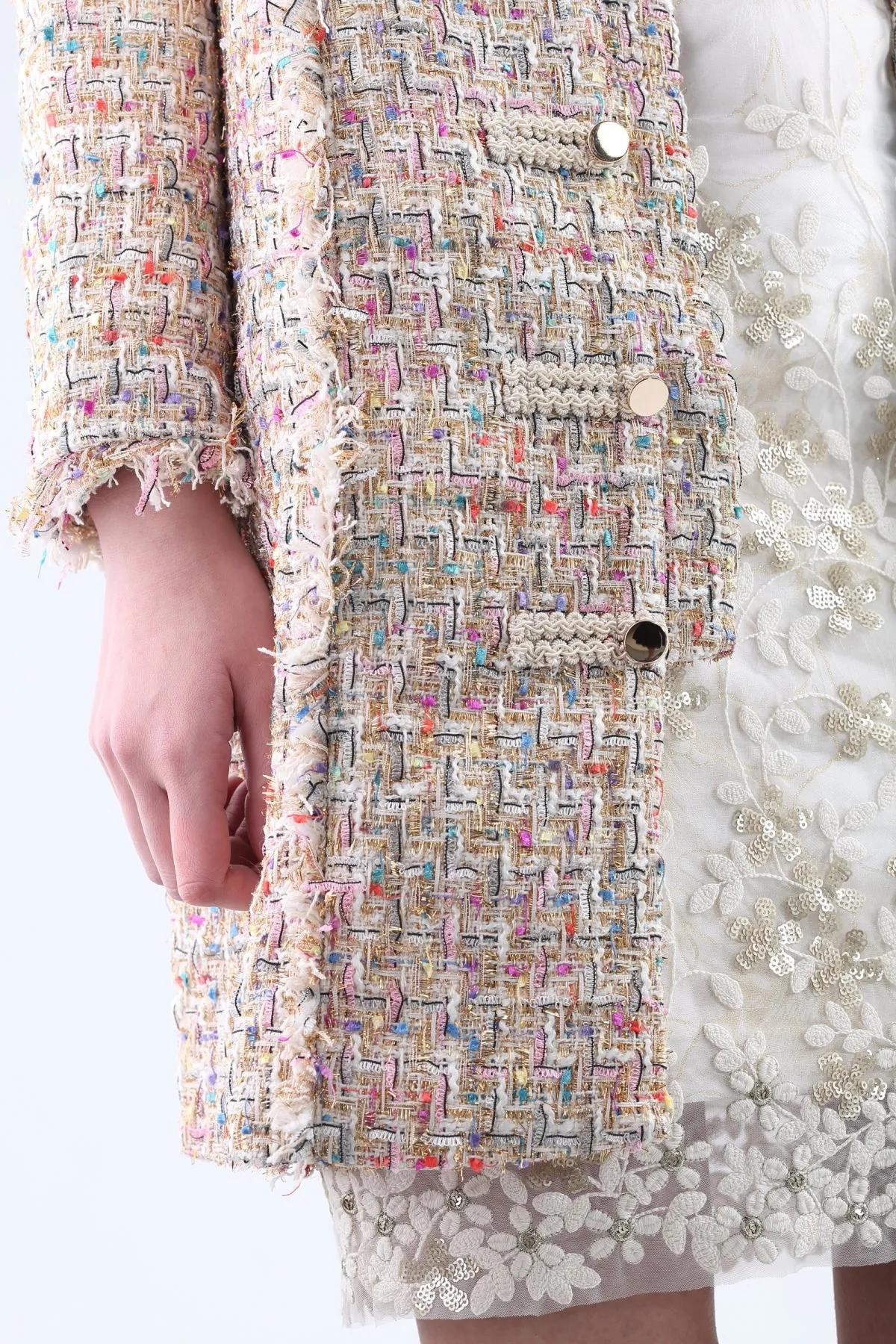 Beige with Rainbow Fringe Fancy Tweed Long Sleeve Coat