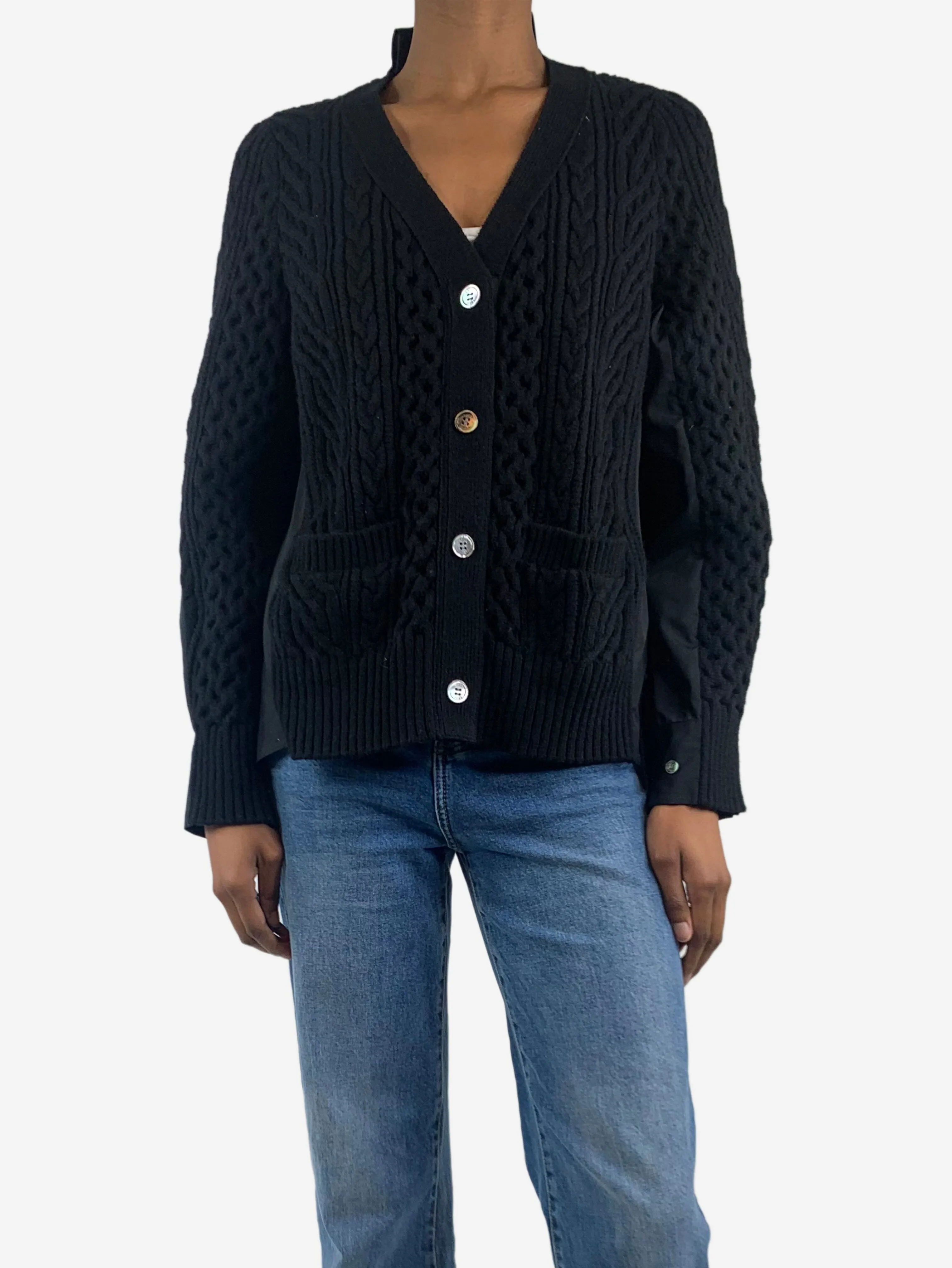 Black panelled wool knit cardigan - size UK 6