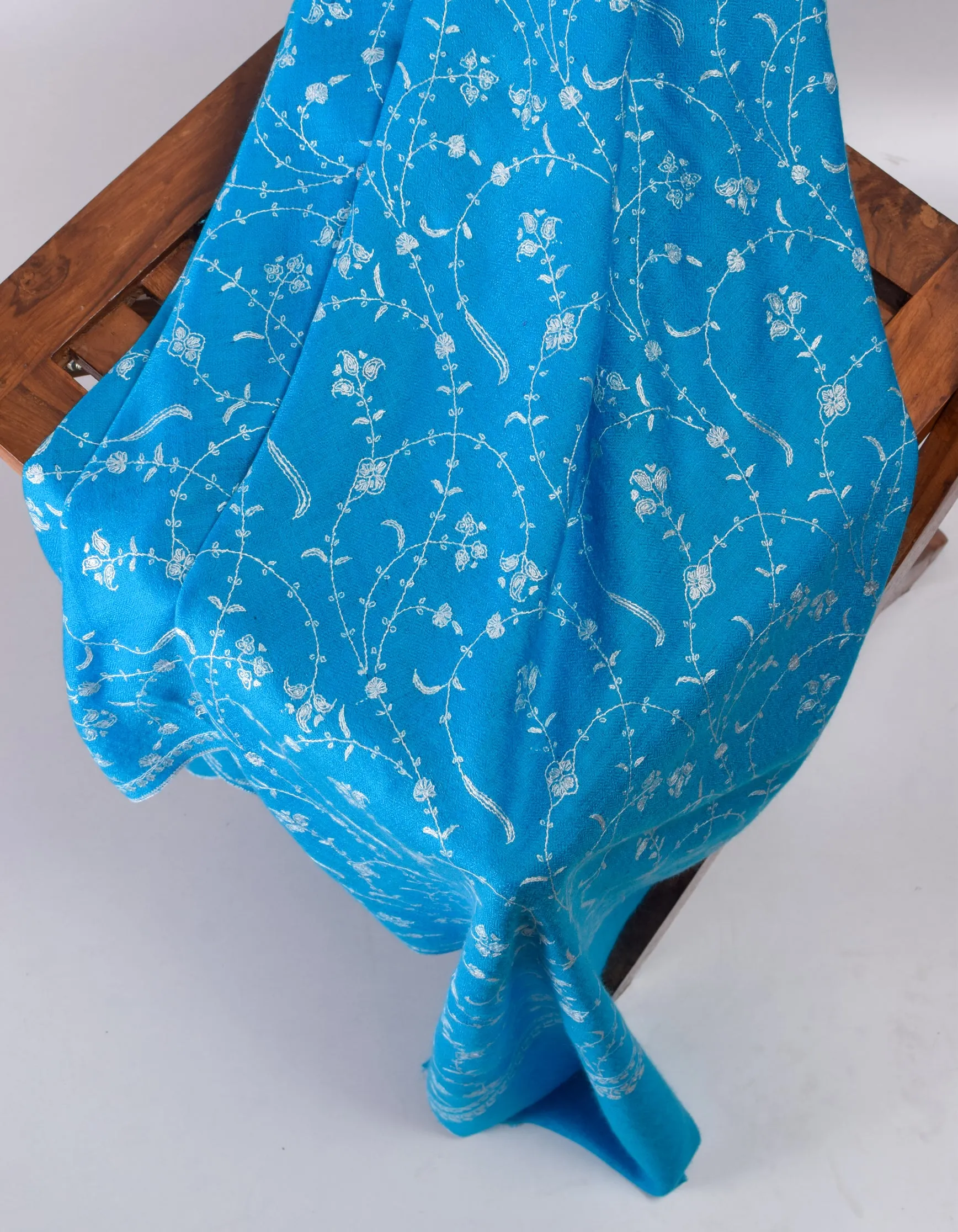 Bright Blue Handwoven Jaali Embroidered Cashmere Pashmina Shawl