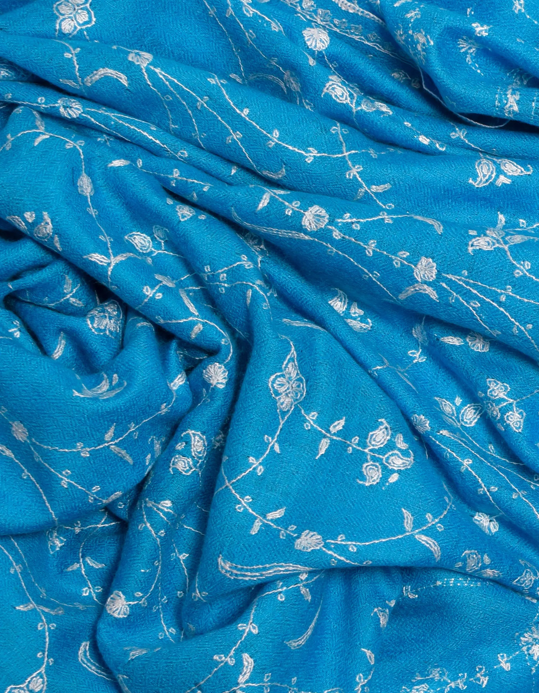 Bright Blue Handwoven Jaali Embroidered Cashmere Pashmina Shawl