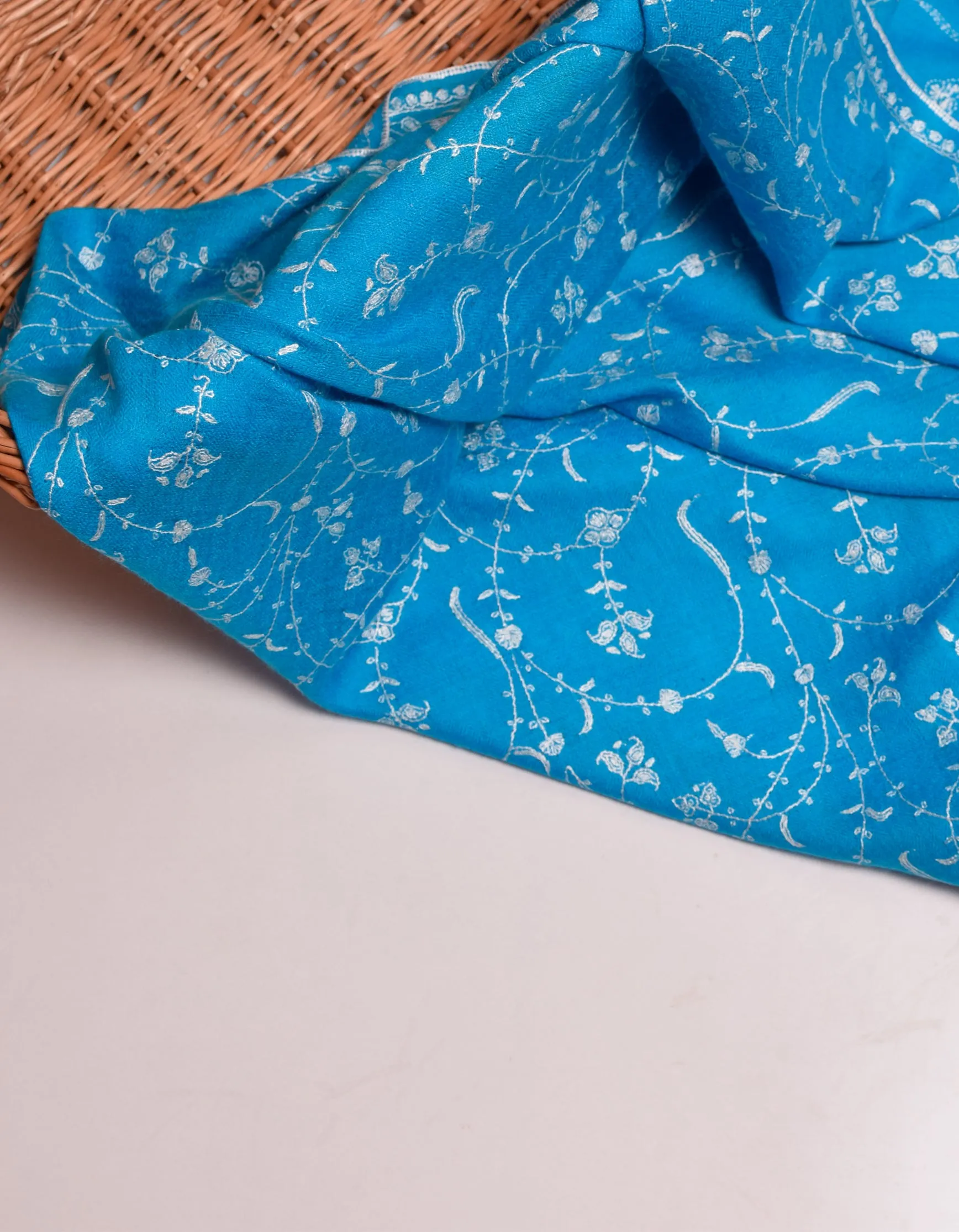 Bright Blue Handwoven Jaali Embroidered Cashmere Pashmina Shawl