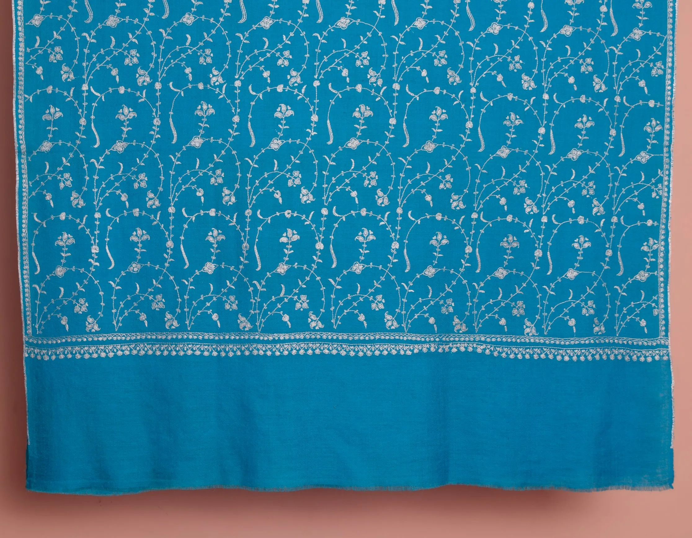 Bright Blue Handwoven Jaali Embroidered Cashmere Pashmina Shawl