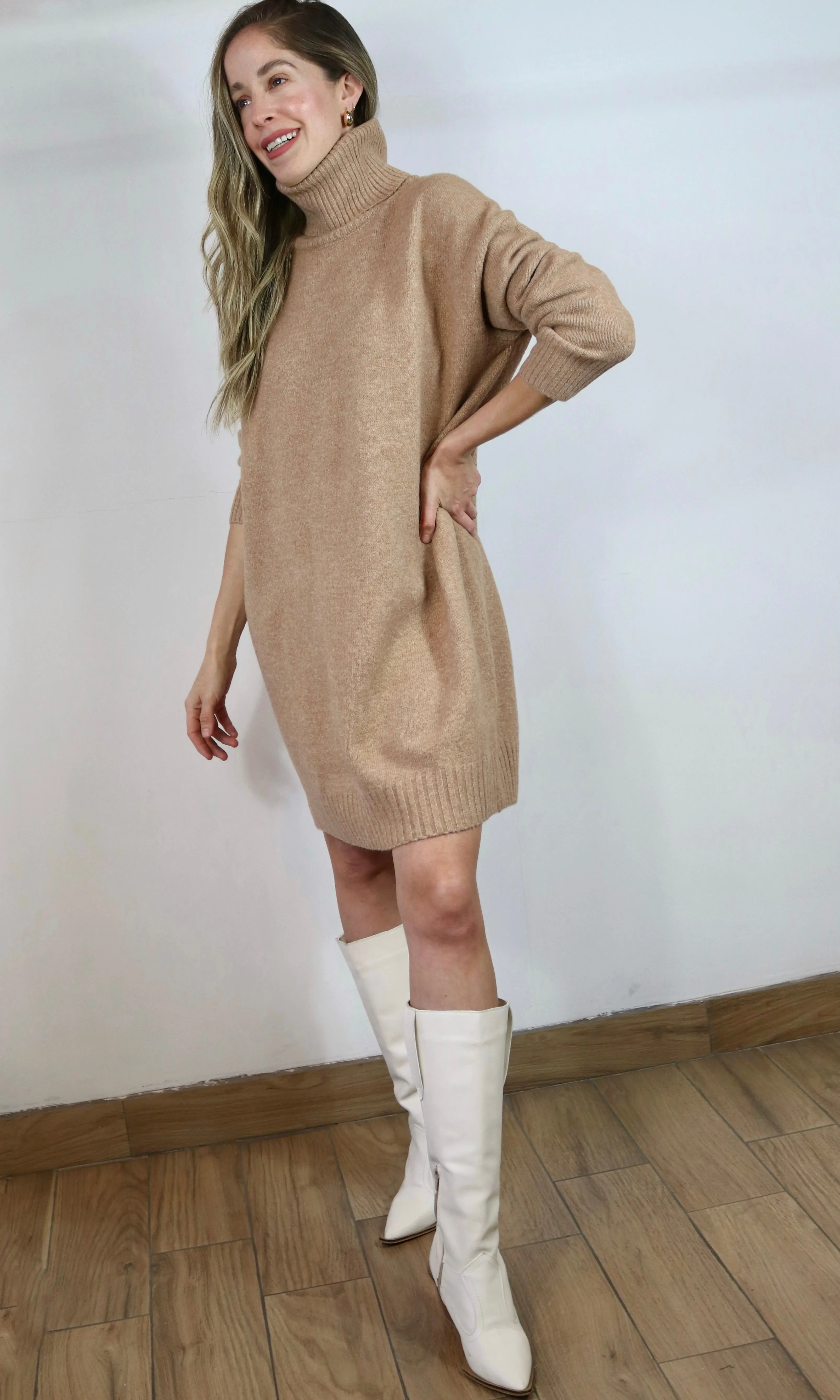 Camel Turtleneck Loose Fit Knit Sweater Dress