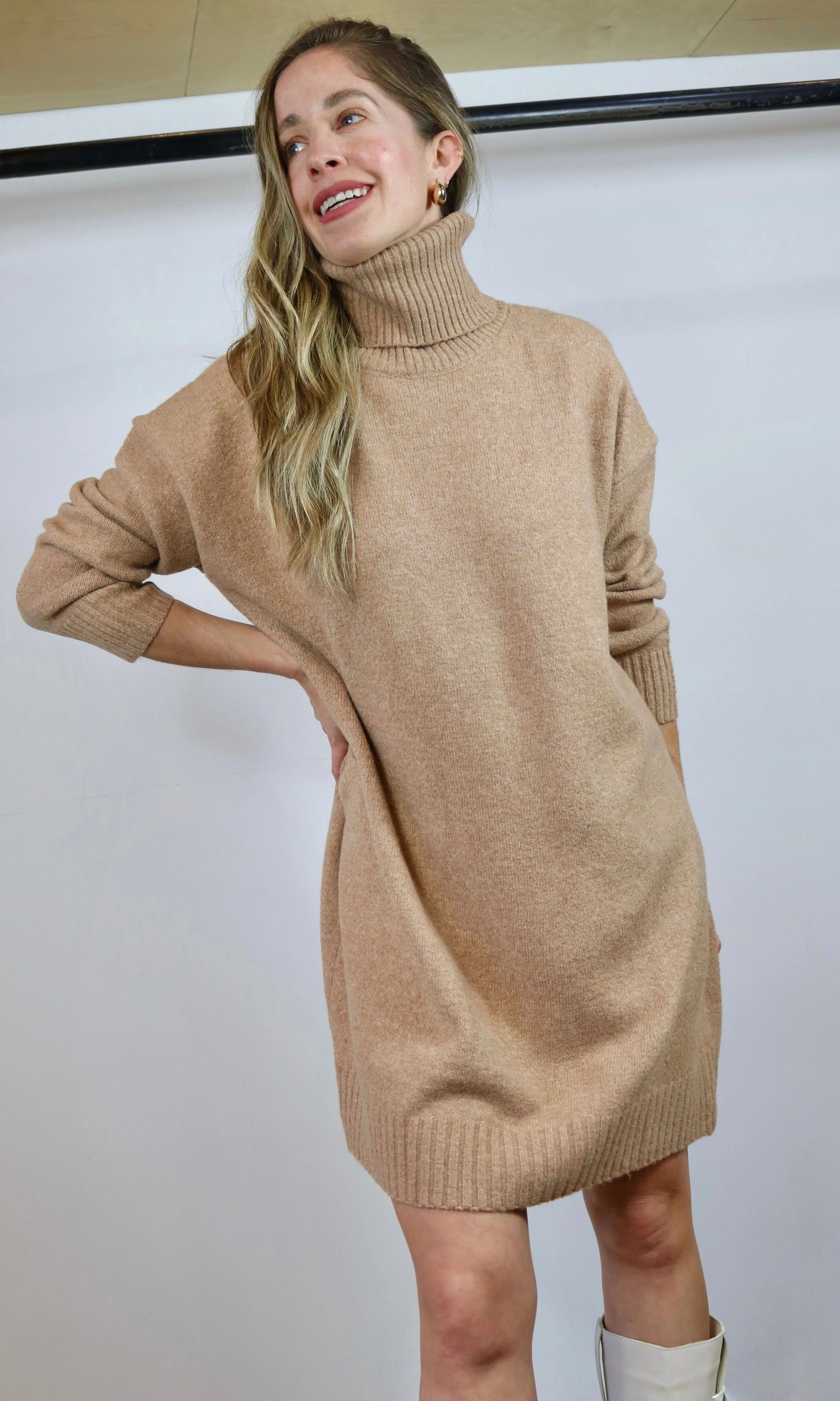 Camel Turtleneck Loose Fit Knit Sweater Dress