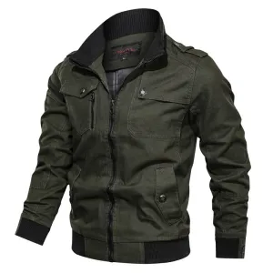 CASUAL SOLID COLOR JACKET WITH ZIPPER STAND COLLAR COTTON JACKET