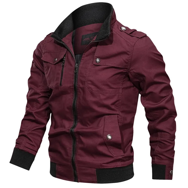 CASUAL SOLID COLOR JACKET WITH ZIPPER STAND COLLAR COTTON JACKET