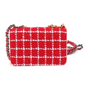 CHANEL 19 Chain Wallet Long Tweed Leather Red White Check AP3267