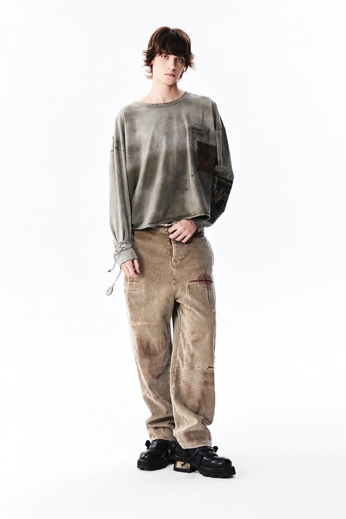 Damaged Embroidery Corduroy Casual Pants