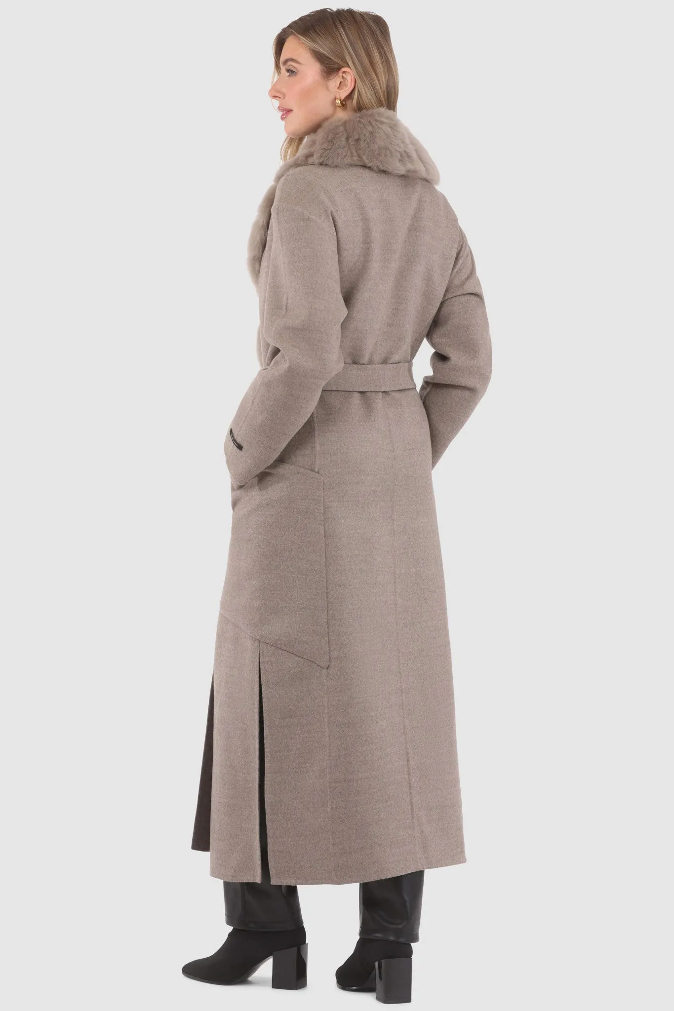 Double Face Loro Piana Cashmere & Wool Coat with Detachable Merinillo Shearling Lamb Collar, Belt