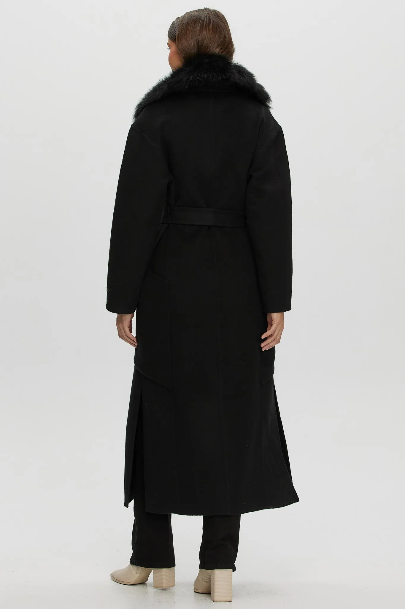 Double Face Loro Piana Cashmere & Wool Coat with Detachable Merinillo Shearling Lamb Collar, Belt