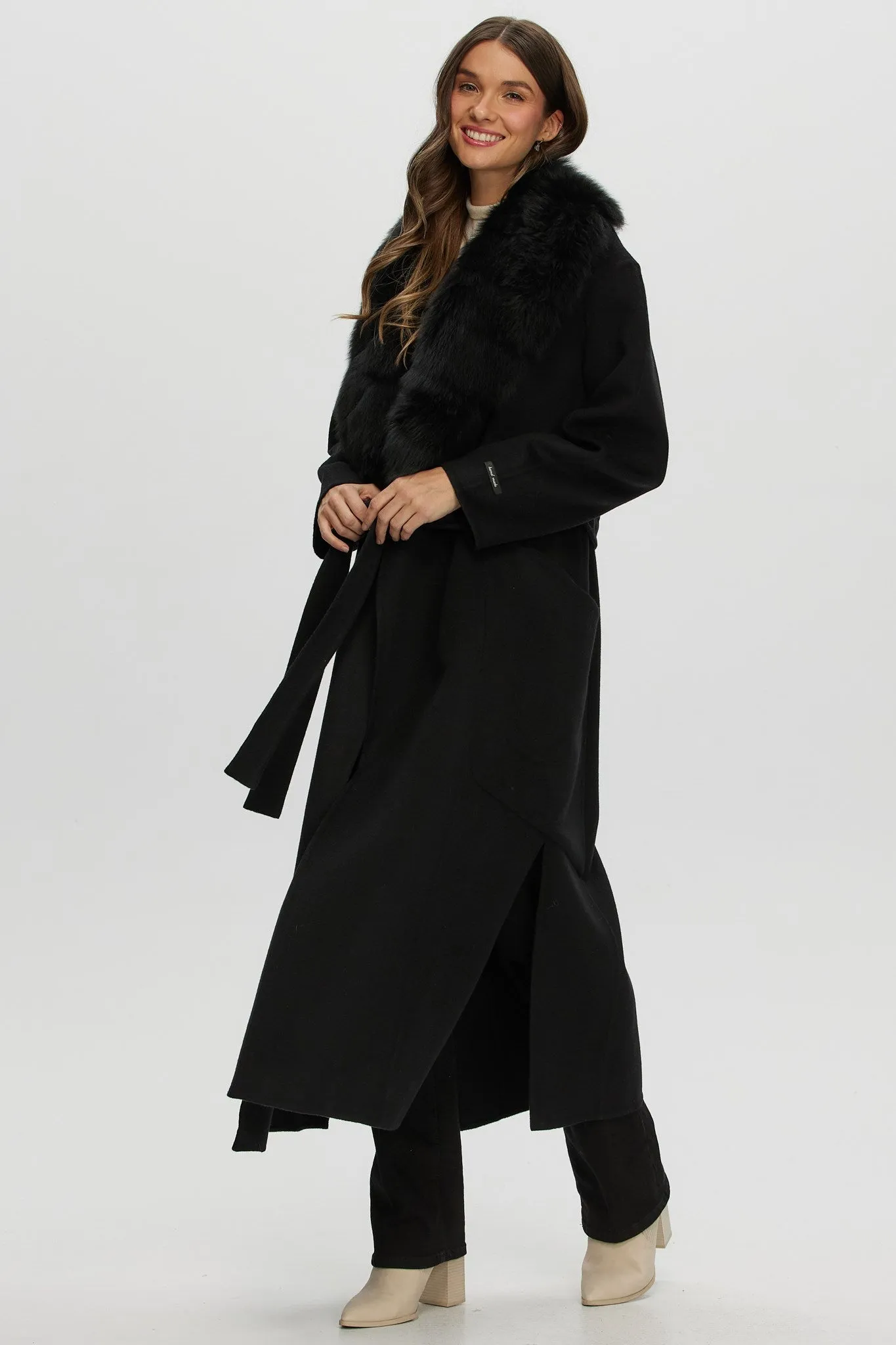 Double Face Loro Piana Cashmere & Wool Coat with Detachable Merinillo Shearling Lamb Collar, Belt