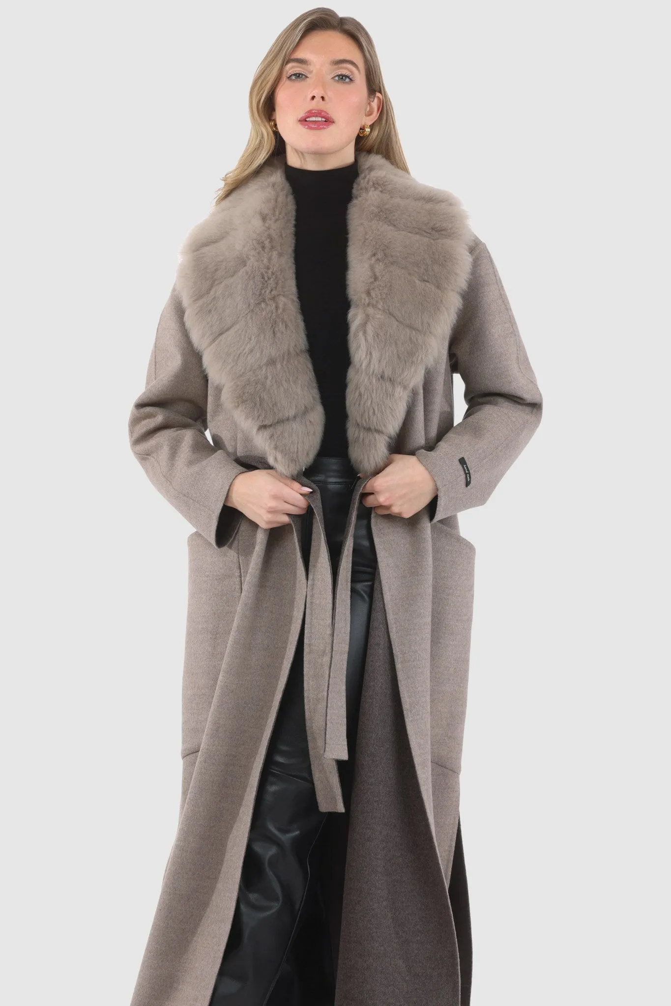 Double Face Loro Piana Cashmere & Wool Coat with Detachable Merinillo Shearling Lamb Collar, Belt