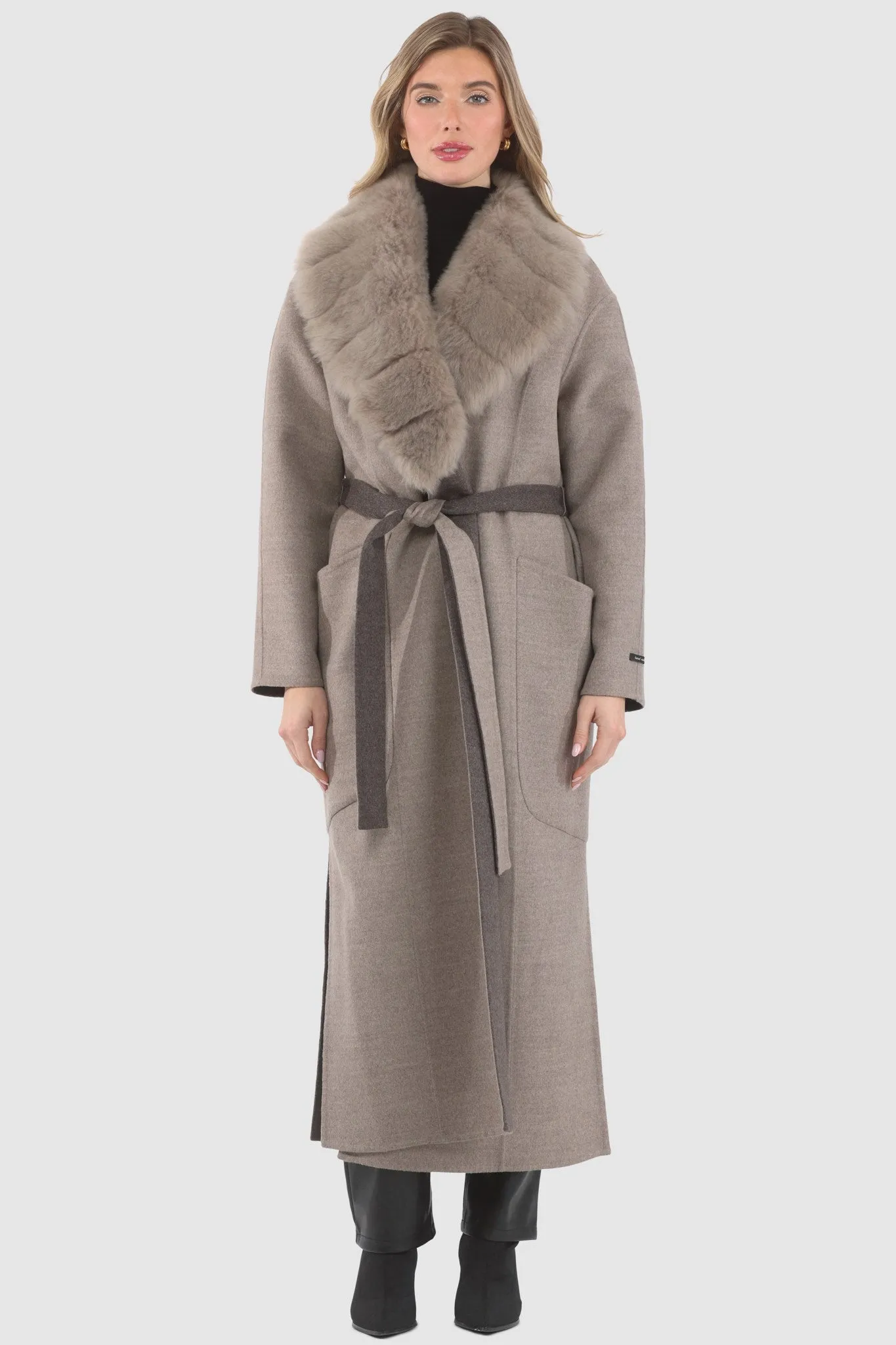 Double Face Loro Piana Cashmere & Wool Coat with Detachable Merinillo Shearling Lamb Collar, Belt