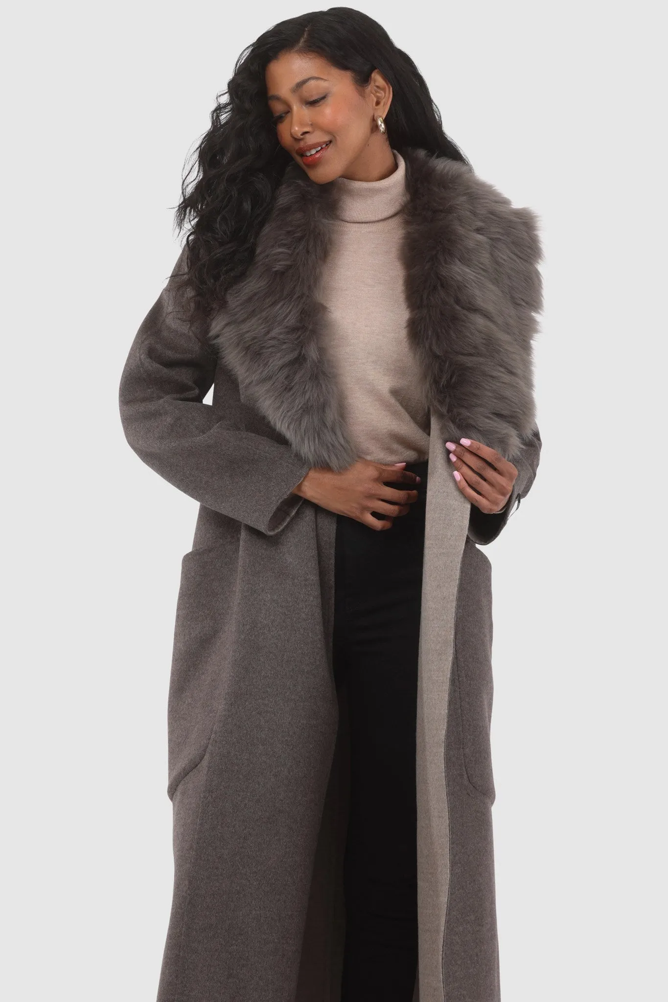 Double Face Loro Piana Cashmere & Wool Coat with Detachable Merinillo Shearling Lamb Collar, Belt