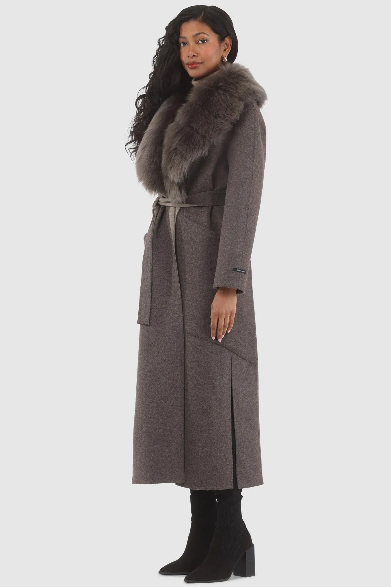 Double Face Loro Piana Cashmere & Wool Coat with Detachable Merinillo Shearling Lamb Collar, Belt