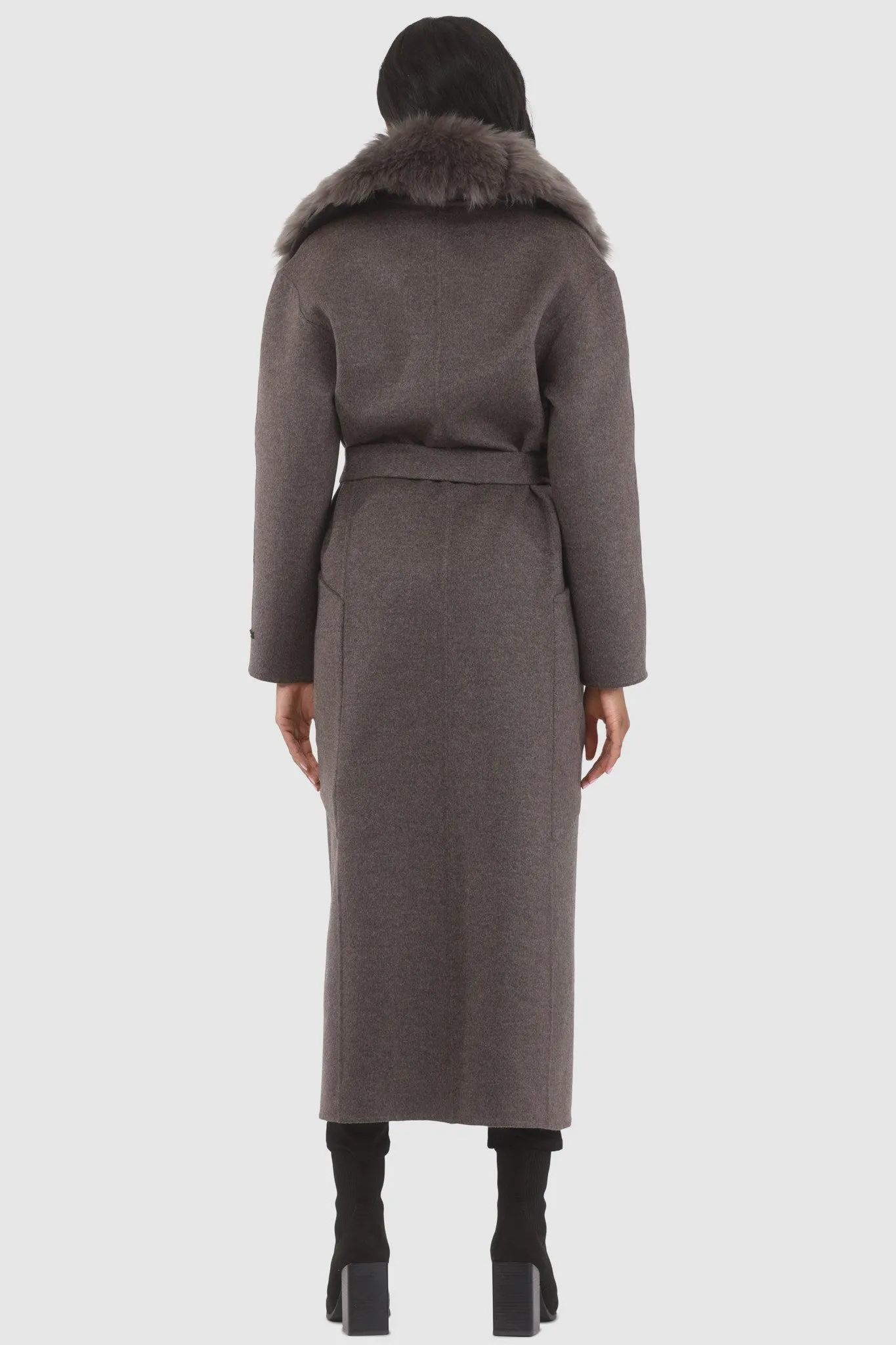 Double Face Loro Piana Cashmere & Wool Coat with Detachable Merinillo Shearling Lamb Collar, Belt