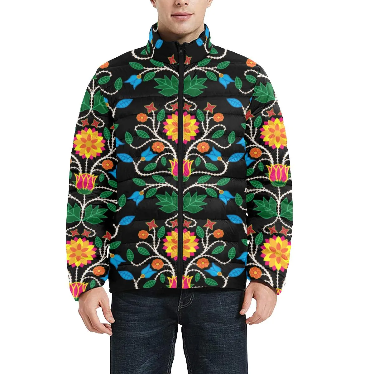 Floral Beadwork Four Clans Men's Stand Collar Padded Jacket