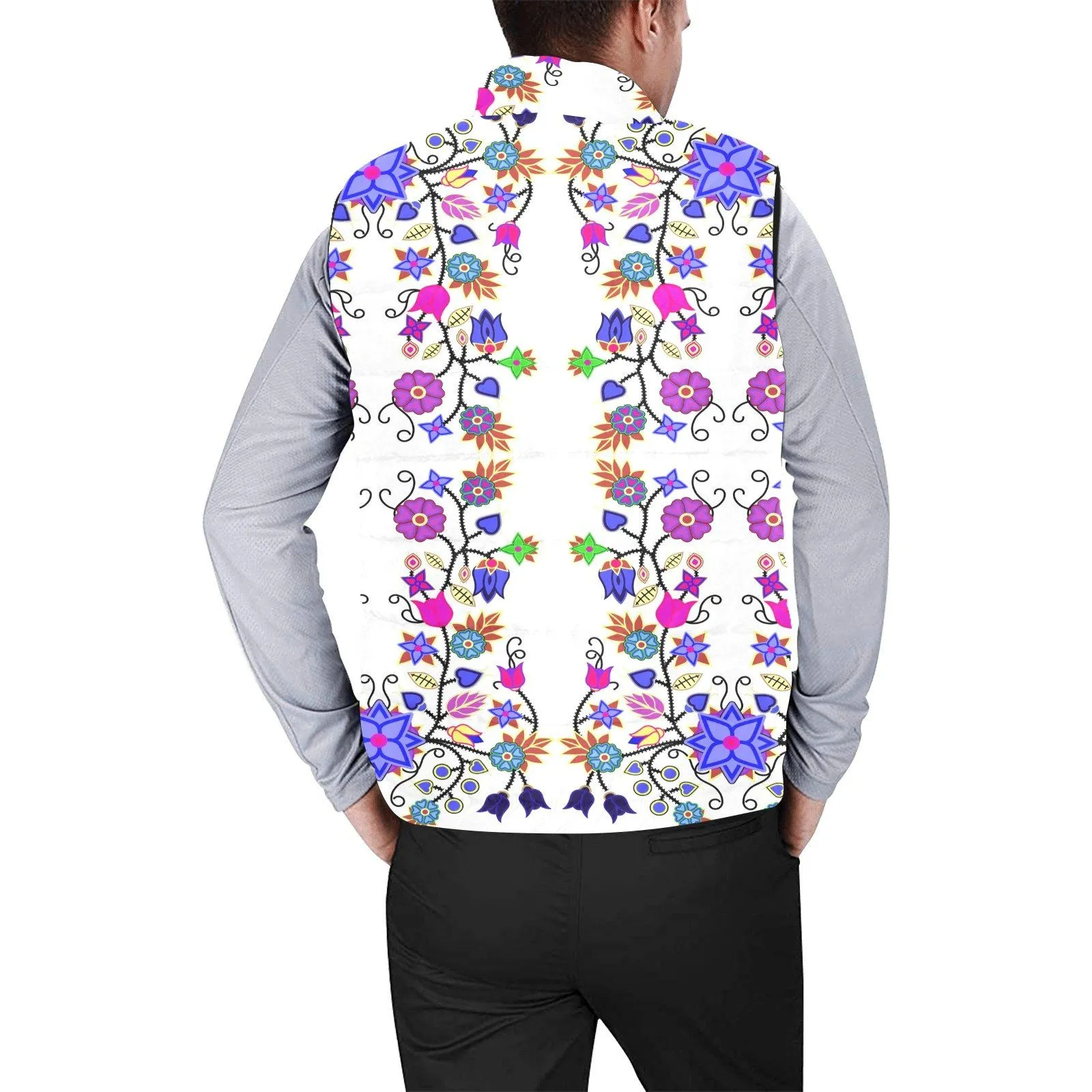 Floral Beadwork Seven Clans White Men's Padded Vest Jacket