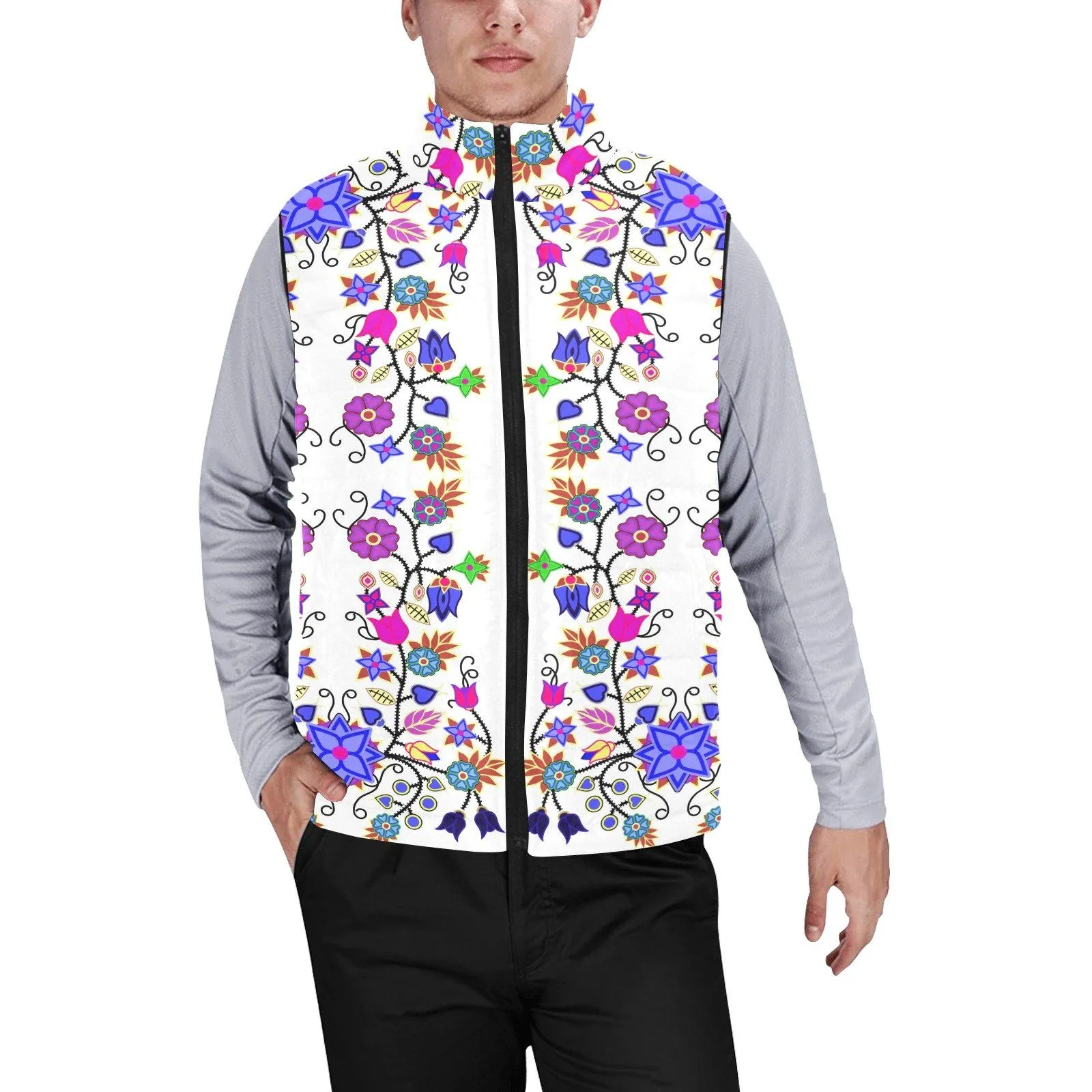 Floral Beadwork Seven Clans White Men's Padded Vest Jacket