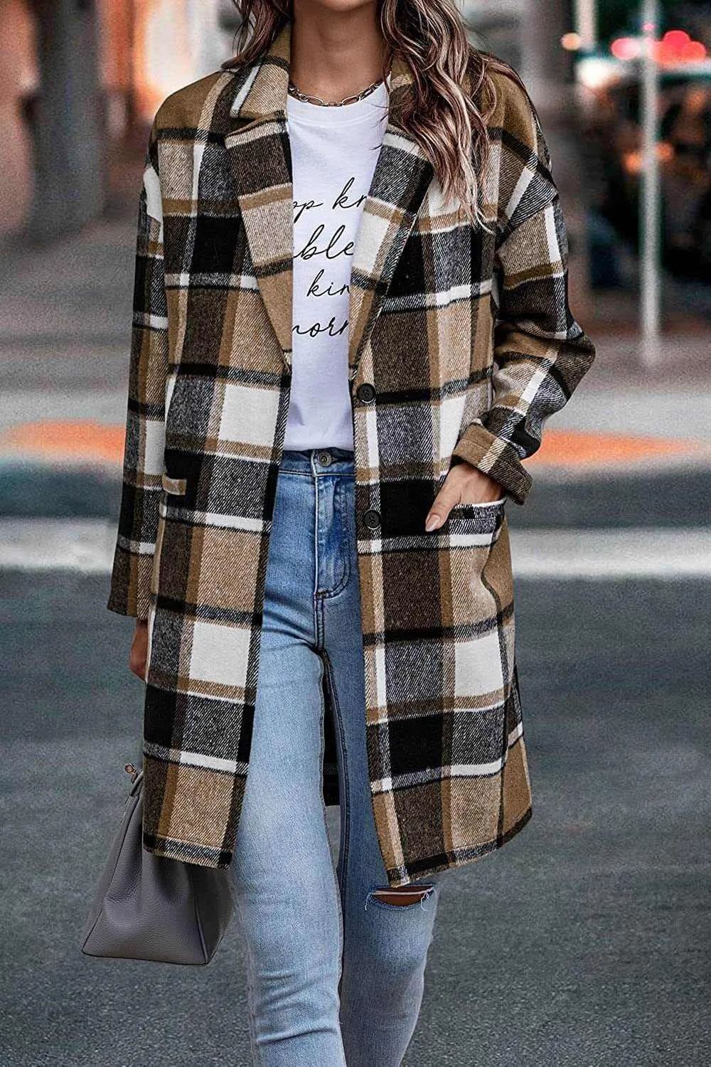 Glow Chic's Plaid Long Woolen Coat With Pockets