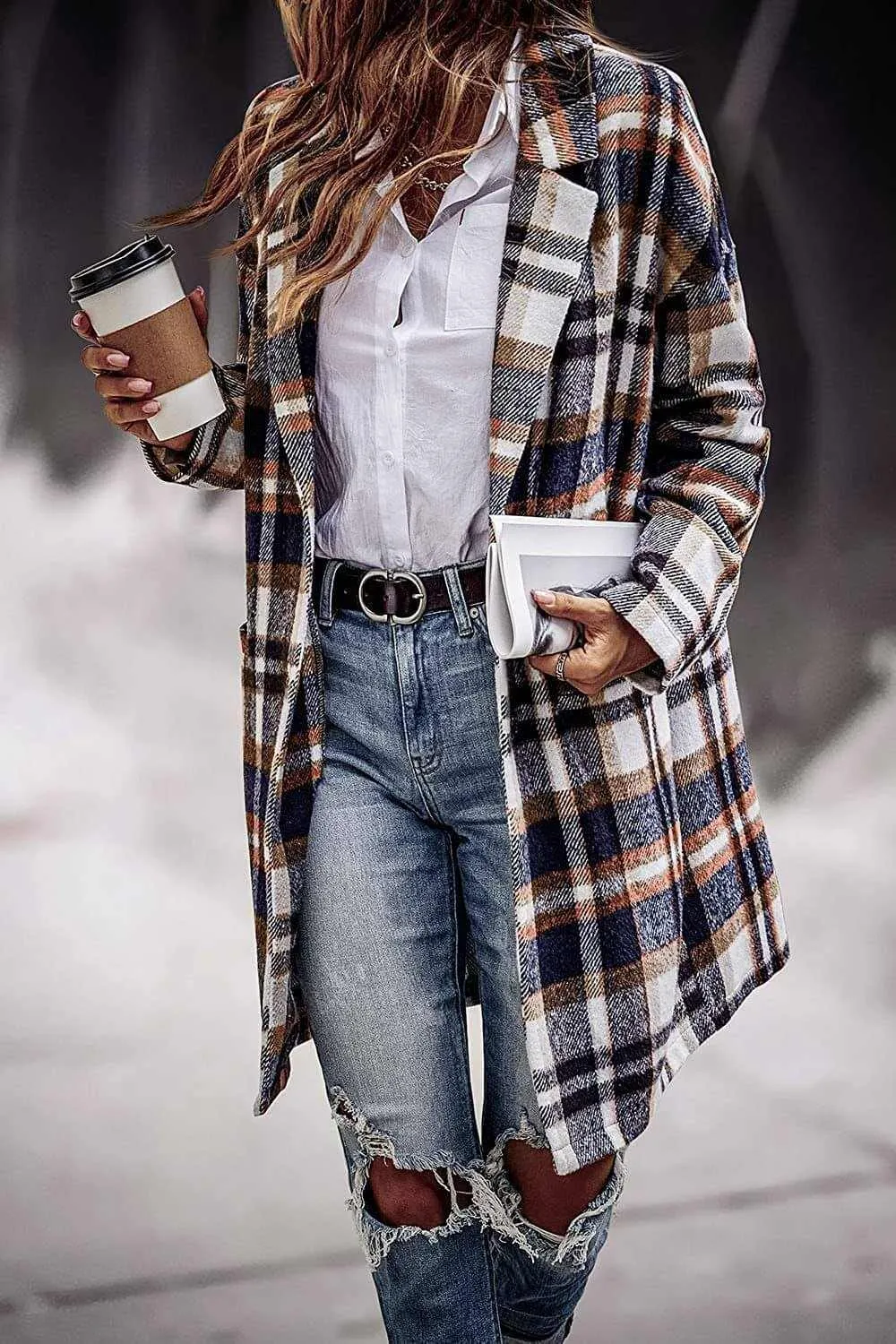 Glow Chic's Plaid Long Woolen Coat With Pockets