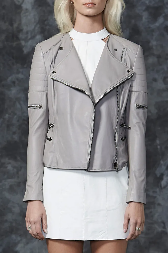 Greenwich St Motor Jacket in Cool Grey Leather - SAMPLE