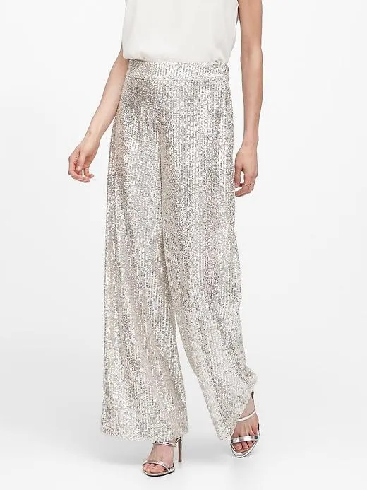 High-Rise Wide-Leg Sequin Pant in Champagne Silver Sequin