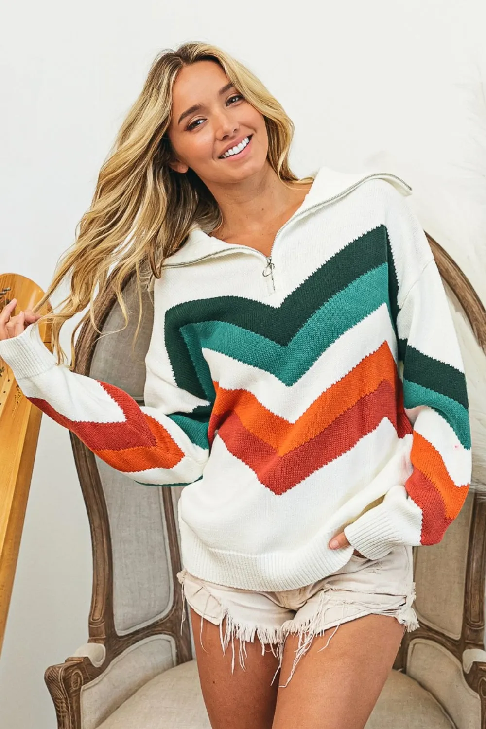 Hot Girl Chevron Half Zip Sweater