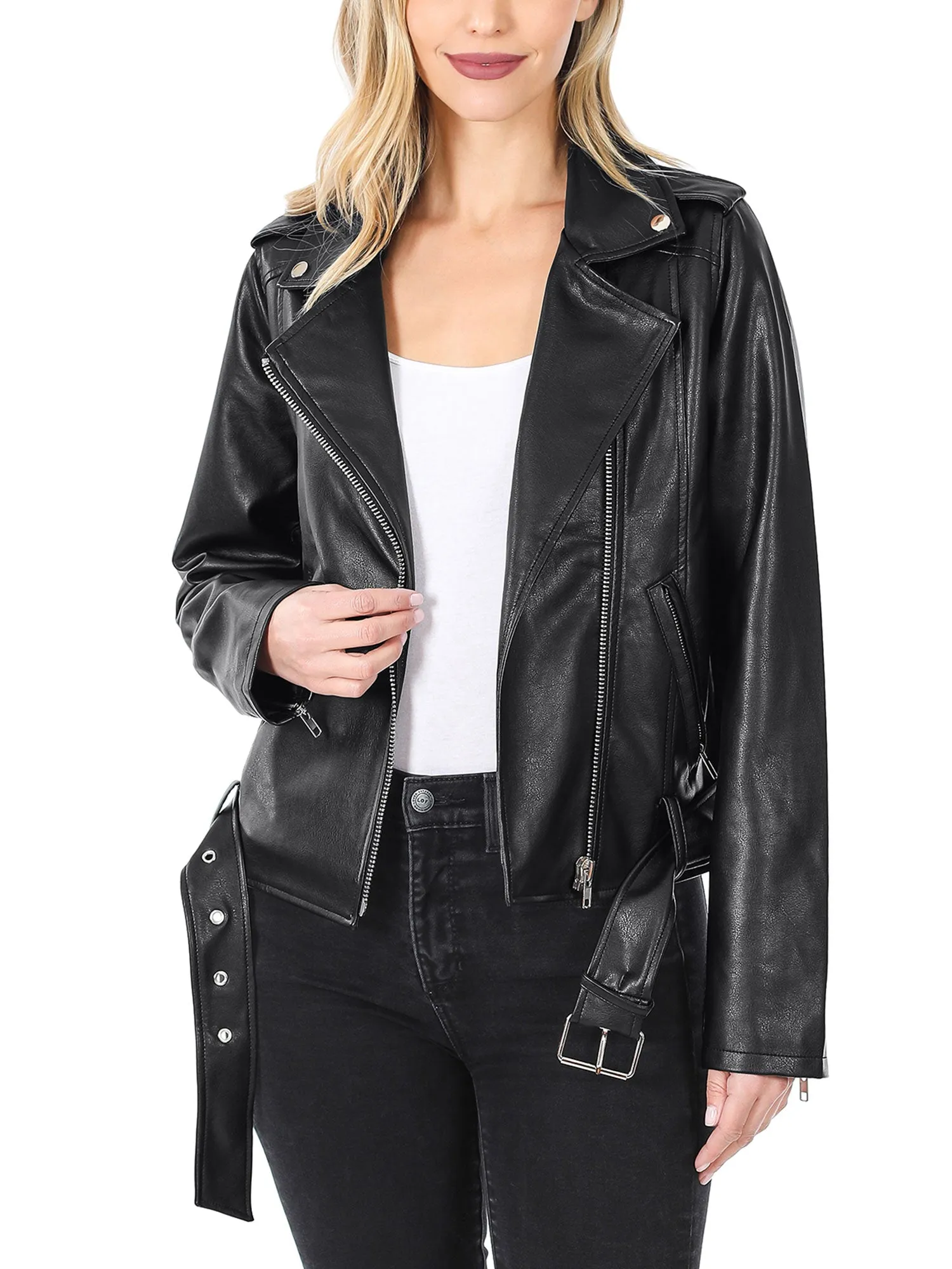 KOGMO Women's Vegan Leather Moto Jacket with Belt