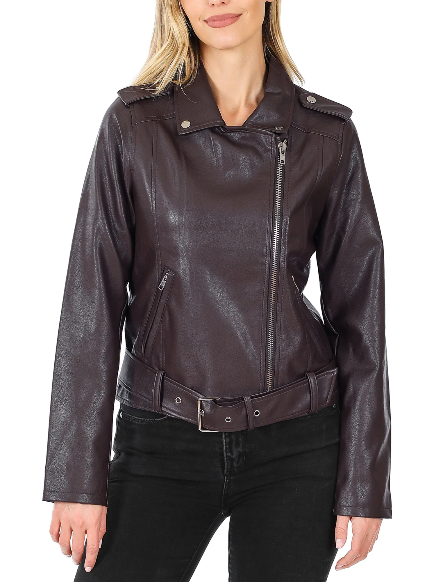 KOGMO Women's Vegan Leather Moto Jacket with Belt