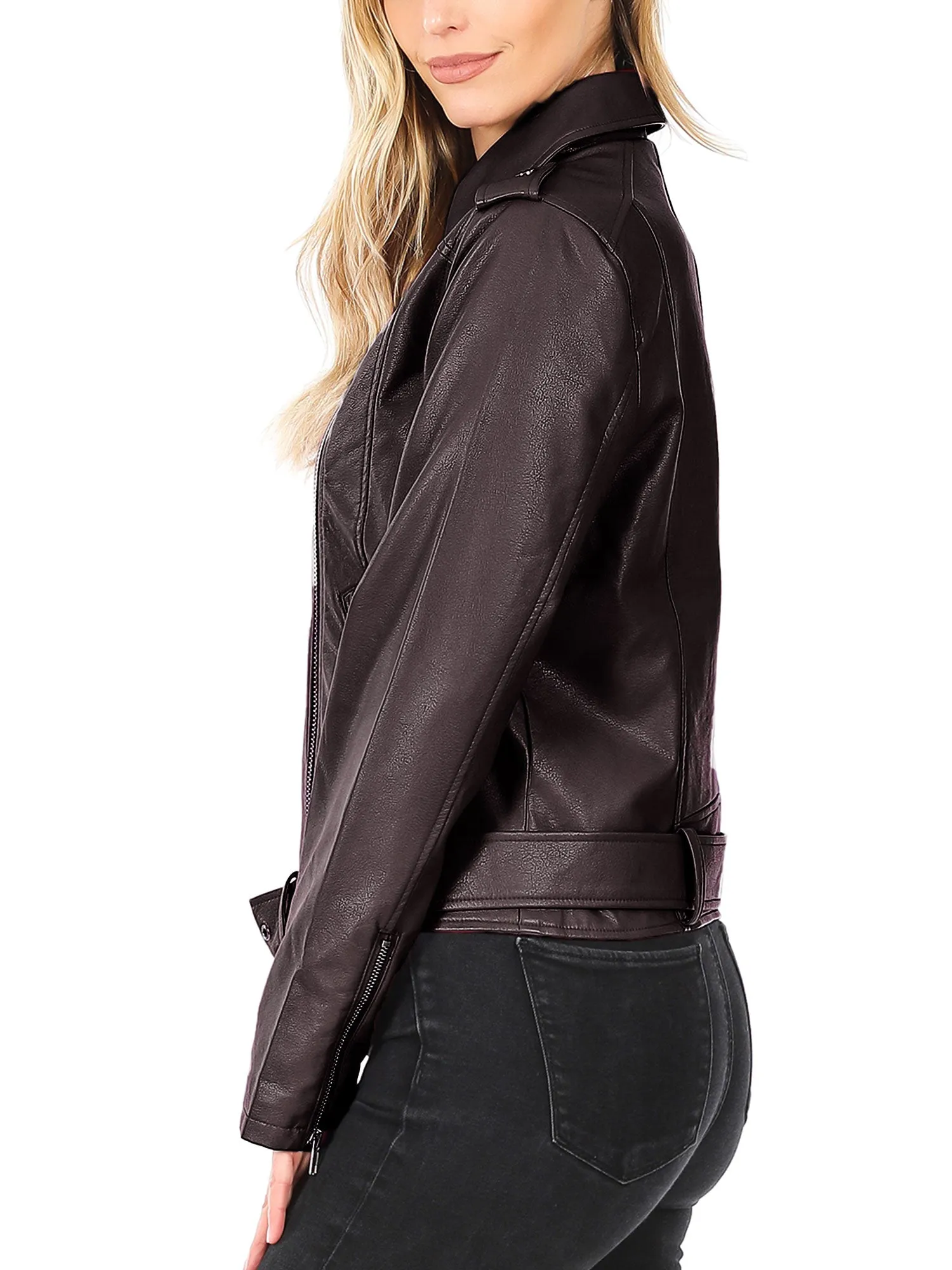 KOGMO Women's Vegan Leather Moto Jacket with Belt