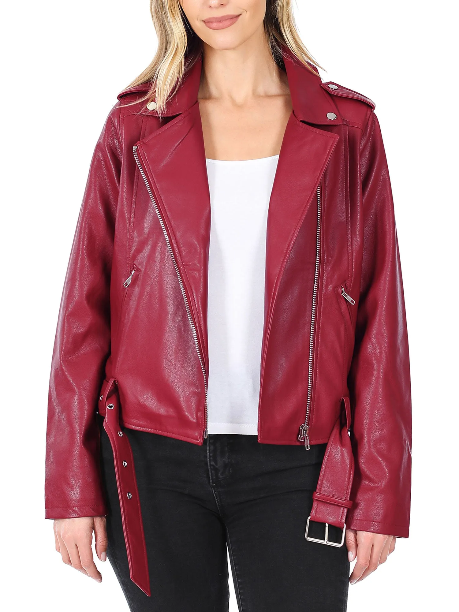 KOGMO Women's Vegan Leather Moto Jacket with Belt