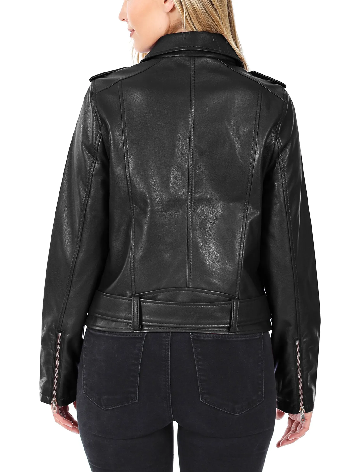 KOGMO Women's Vegan Leather Moto Jacket with Belt