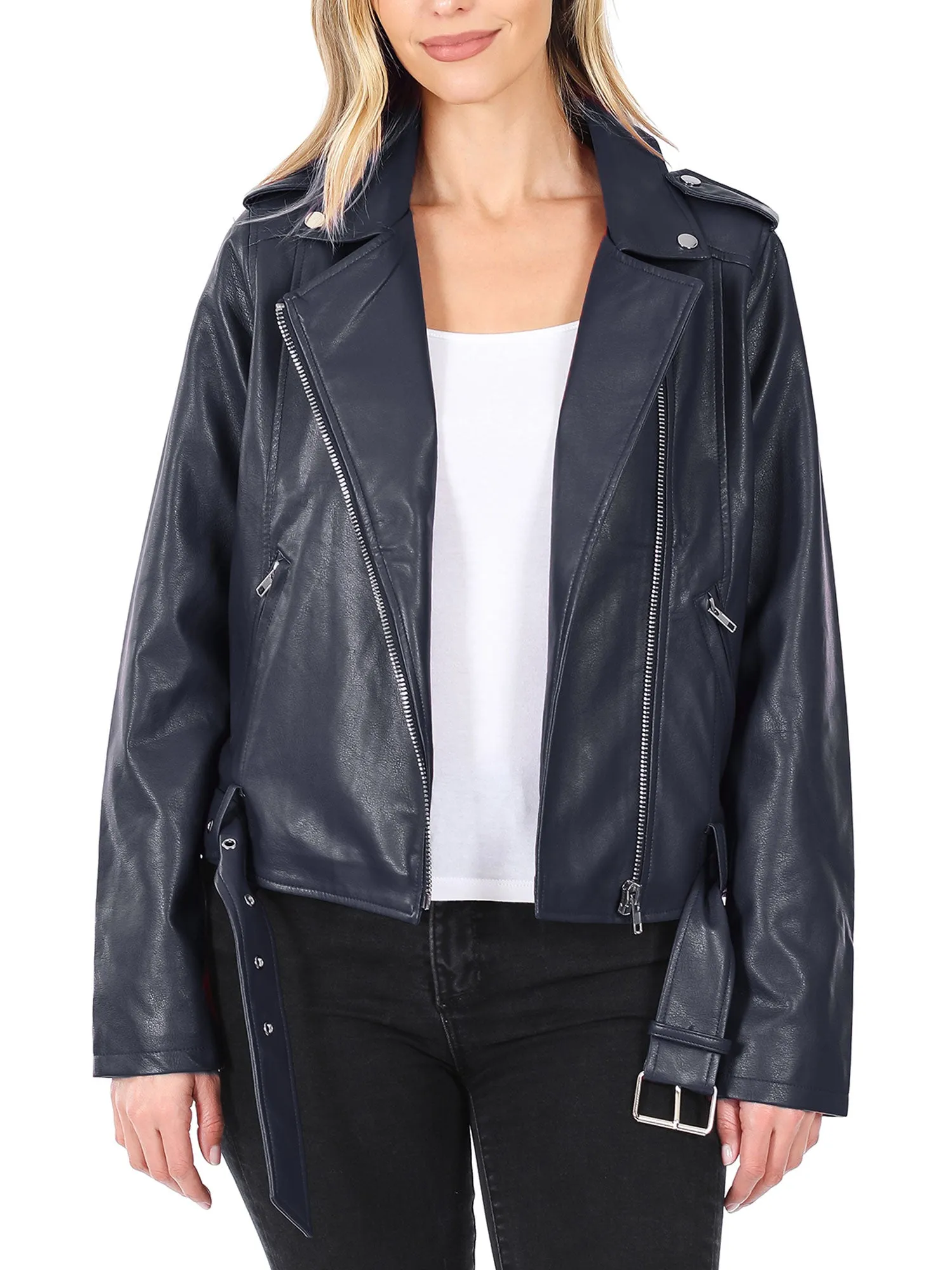 KOGMO Women's Vegan Leather Moto Jacket with Belt