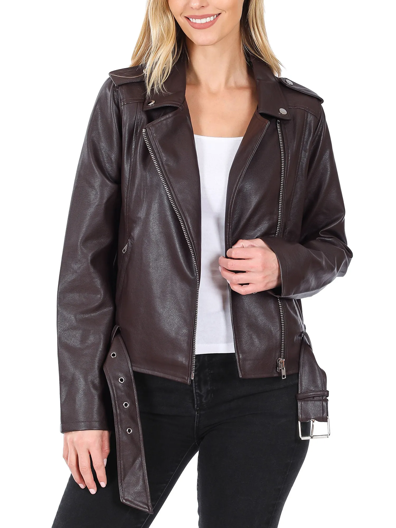 KOGMO Women's Vegan Leather Moto Jacket with Belt