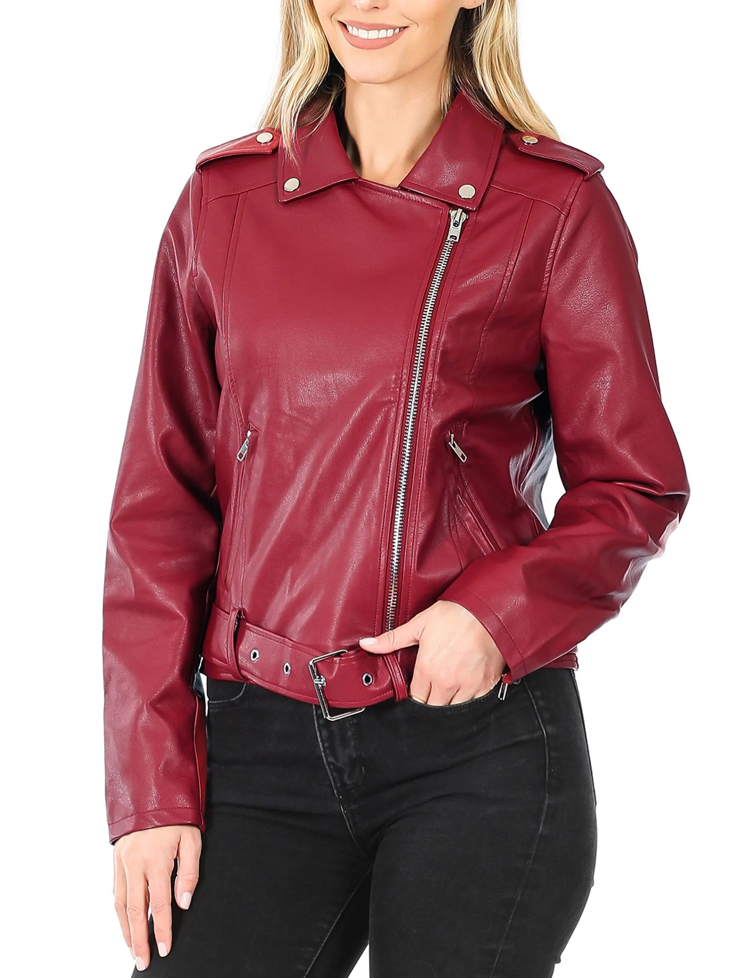 KOGMO Women's Vegan Leather Moto Jacket with Belt