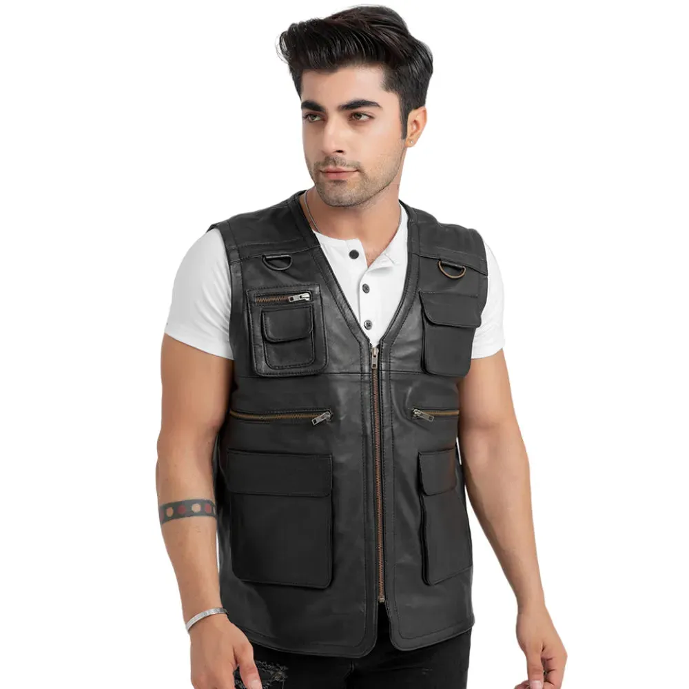 Mens Black Leather Safari Vest