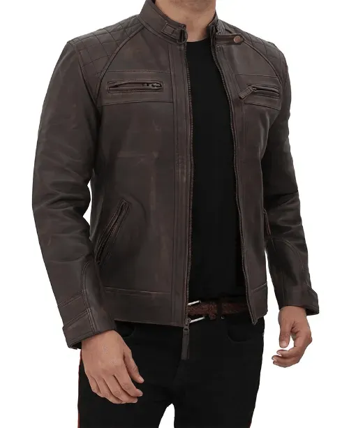 Men's Brown Distressed Quilted Leather Jacket