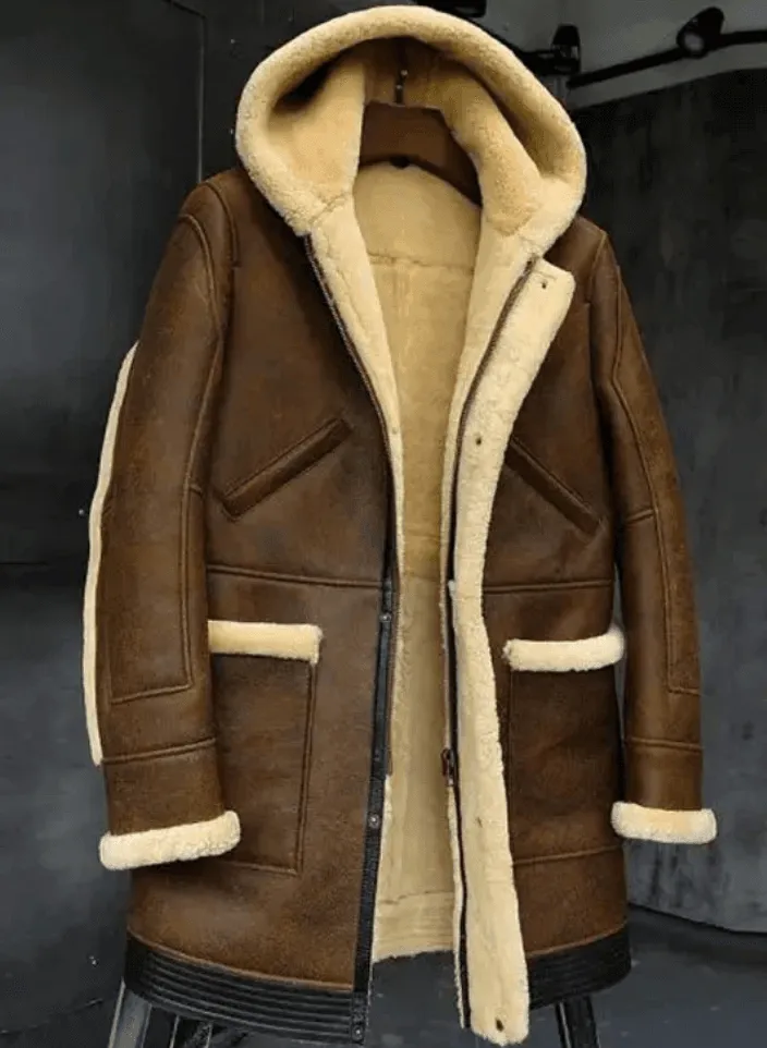 Mens Brown Fur Hooded Leather Jacket