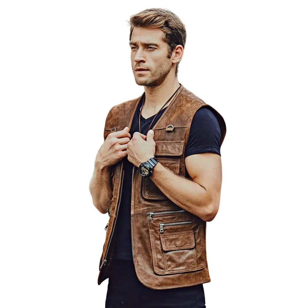 Mens Brown Leather Multi Pockets Retro Vest