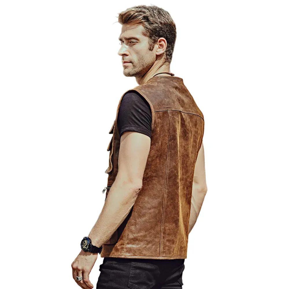 Mens Brown Leather Multi Pockets Retro Vest