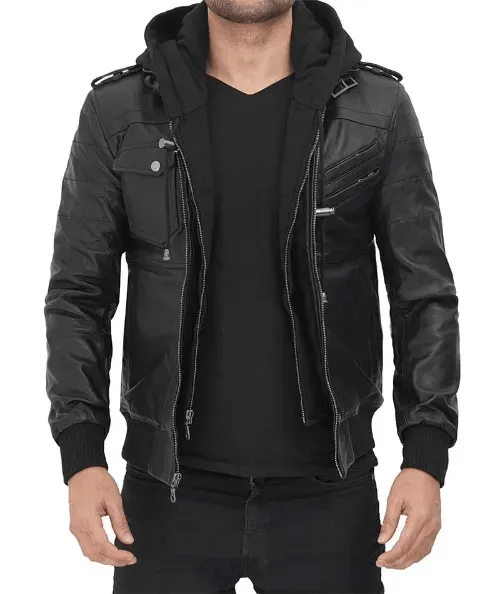 Mens Distressed Grey Hooded Leather Jacket