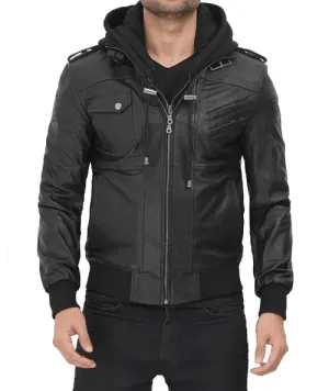 Mens Distressed Grey Hooded Leather Jacket