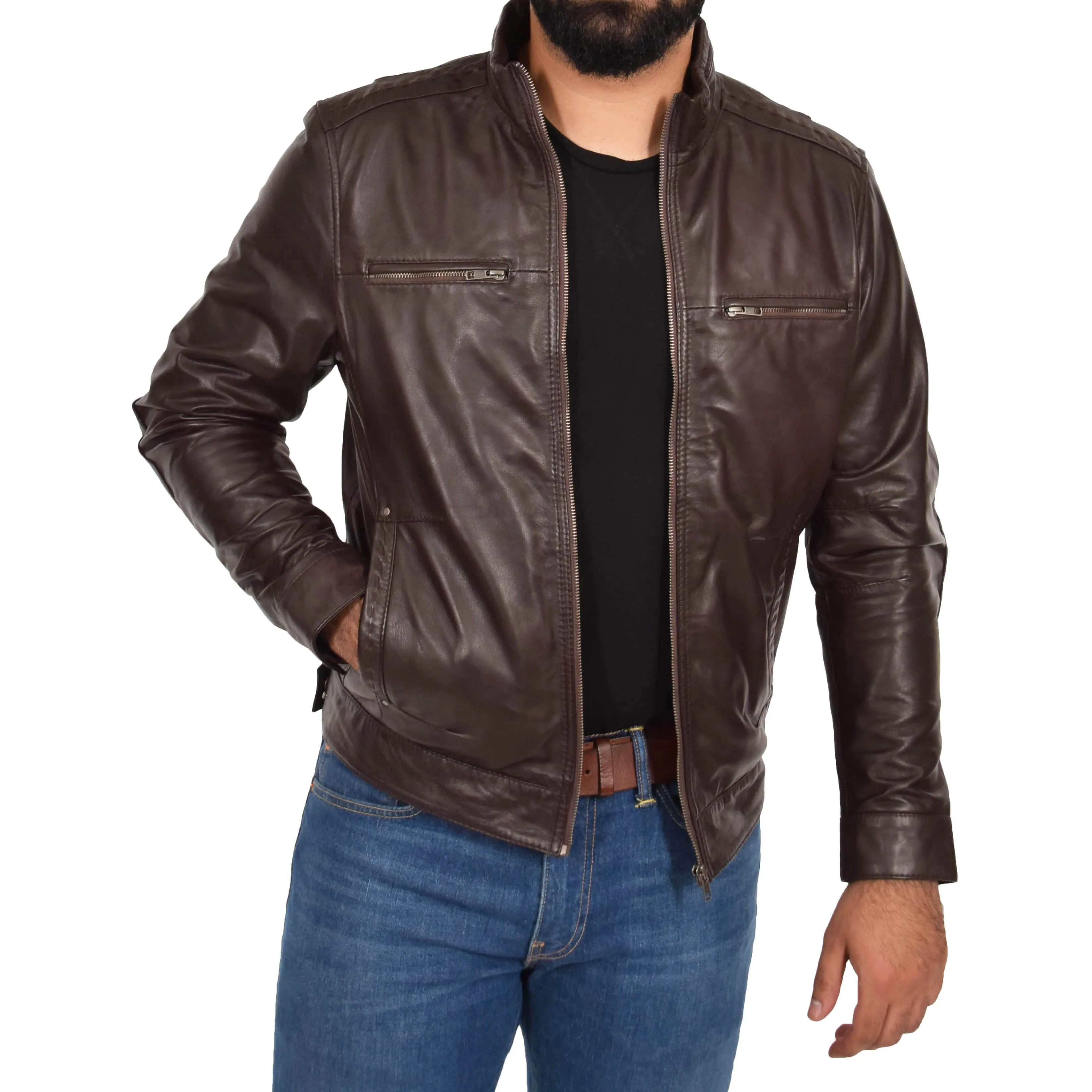 Mens Genuine Leather Biker Jacket Fitted Felix Brown