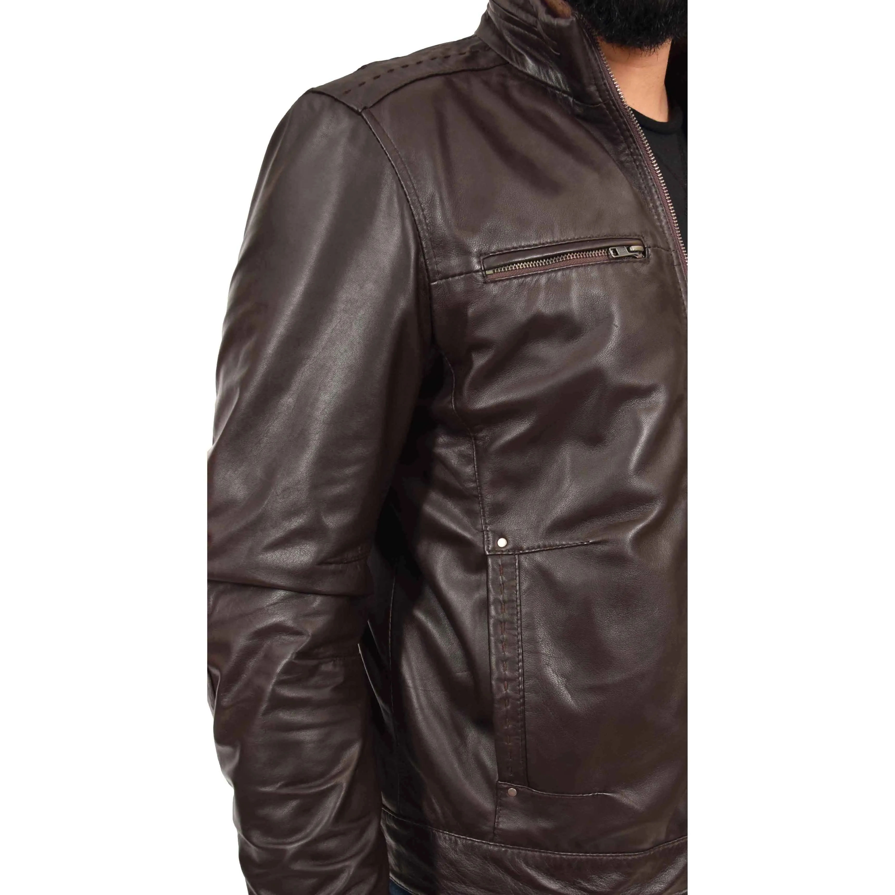 Mens Genuine Leather Biker Jacket Fitted Felix Brown