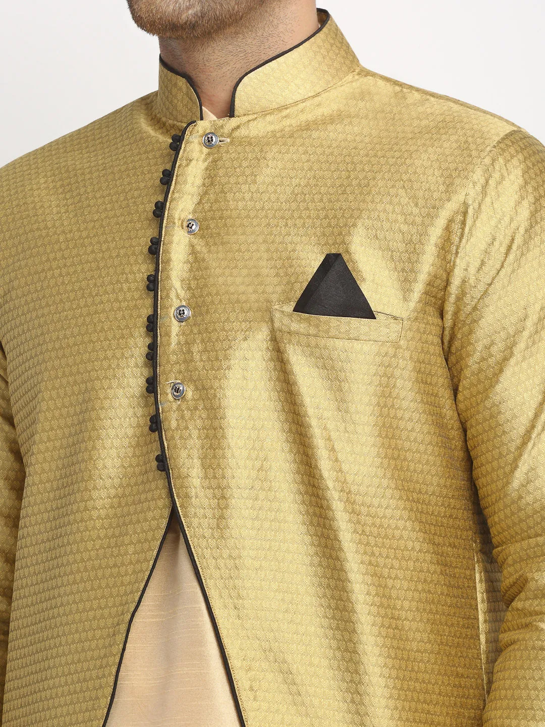 Men's Gold Kurta With Pyjama & Gold Self Design Jacket - Benstoke